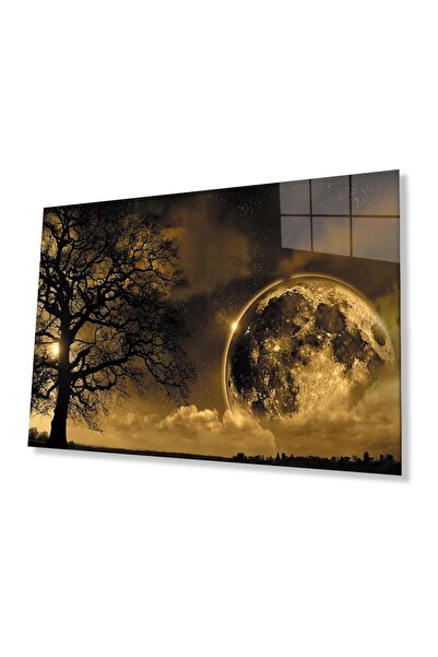 idealizbiz Dünya Ay Ağaç Gece Manzaralı Fütüristik Cam Tablo 4mm Dayanıklı Te...