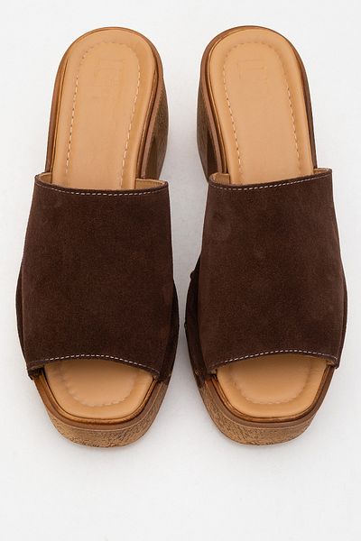 LuviShoes Pull Brown Suede Genuine Leather Women's Platform Heeled Slippers