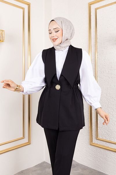 Tesettür Dünyası Button Detailed Elastic Waist Vest Suit Tsd250190 Black