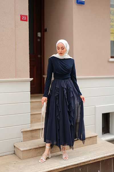 LOCCO Women's Anneliesse Chiffon Ruffle Suit Navy Blue