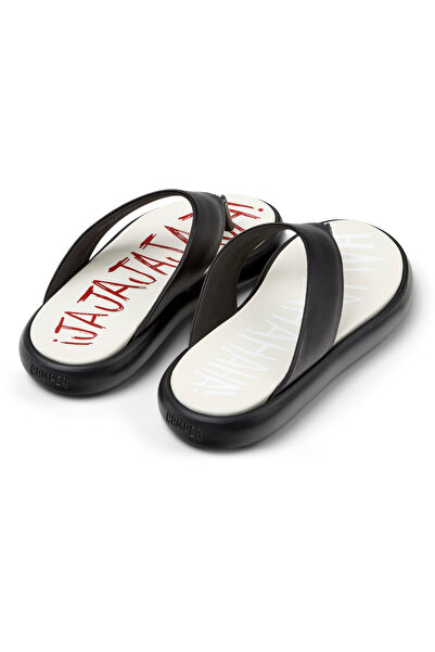 CAMPER Women's Black Flip-Flops With Slogan Print, Comfortable Eva Sole, Durable Leather Twins