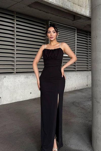 Mossta Draped Slit Detailed Evening Dress - Black