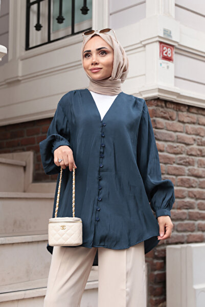 LOCCO Women's Brit Button Detailed Voile Shirt Navy Blue