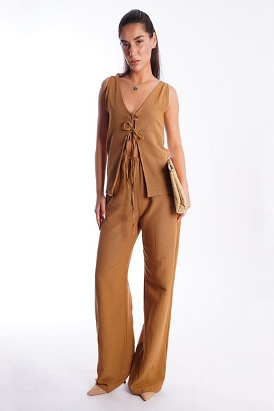 Madmext Camel Front Tie Vest Trousers Women's Suit Mg2403