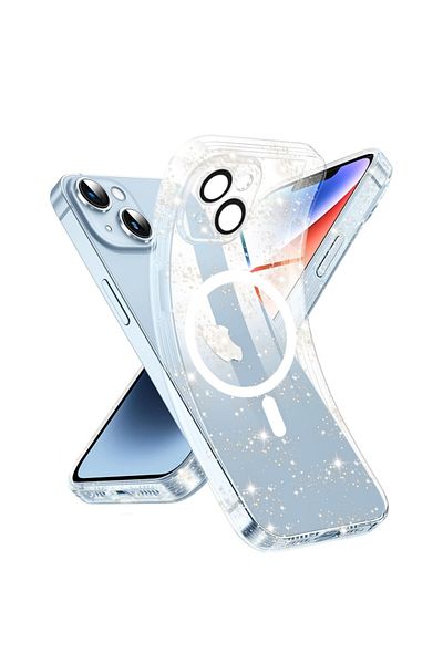 SKYDDAR INNOVATION Carcasă pentru iPhone 14, SparkleSkin Magsafe, silicon TPU cu sclipici, transparentă, set autocolante