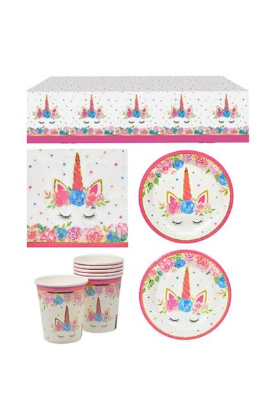 AVA Set for children's party, table setting, unicorn pattern, tablecloth, napkins, plates and glass
