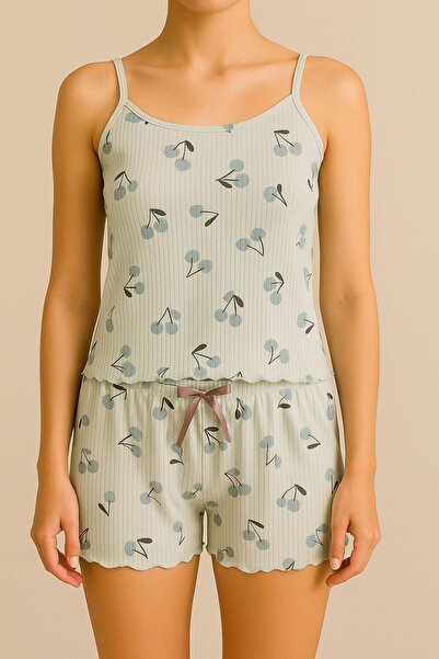 Kaylen Kadın pamuklu yeşil Kiraz Baskılı Şort pijama takımı