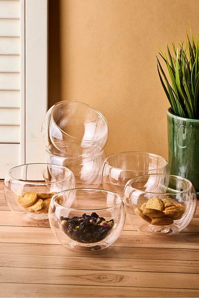 Perotti Bowy 6-Piece Double-Walled Glass Sauce Bowl, Jam Bowl, Dragee Bowl, Turkish Delight Bowl 9X5,5 cm