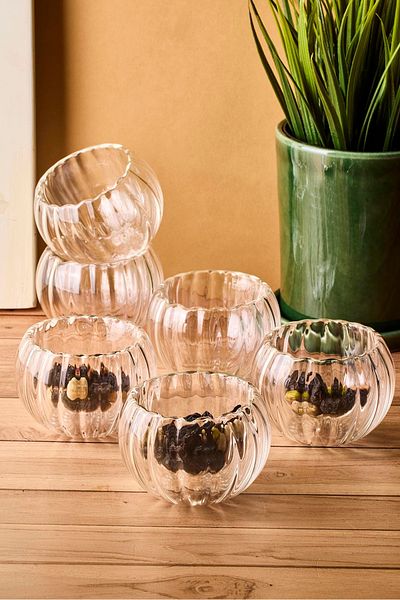 Perotti Bowy Line 6-Piece Double-Walled Glass Sauce Bowl, Jam Bowl, Dragee Bowl, Turkish Delight Bowl, 6.1X3.5 cm
