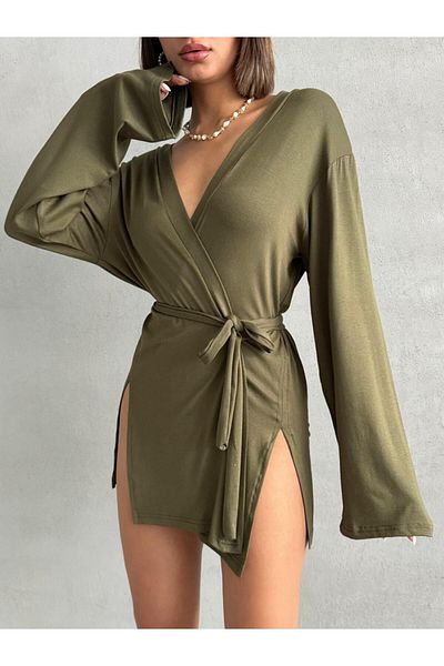 The Base Women's Khaki Miyabi Double Breasted Kimono with Belt Detail