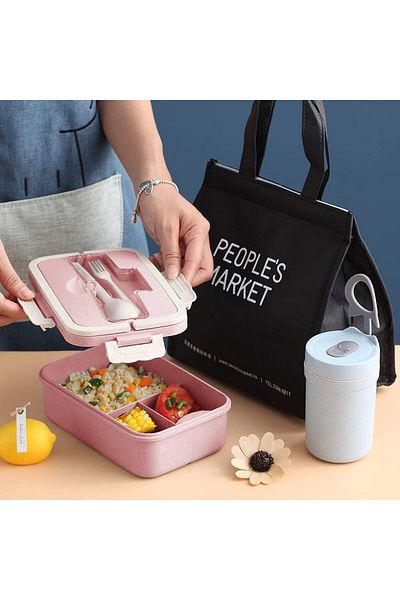 COOYA Pink Lunch Box, 3 Compartments, Portable, With Cutlery, Microwaveable, Suitable for Children Aged 6+