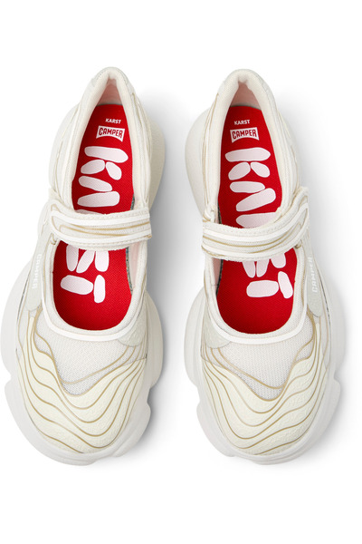 CAMPER Women's White Textured Hook And Loop Loafers, Adjustable Strap, Soft Sole, Chic Karst