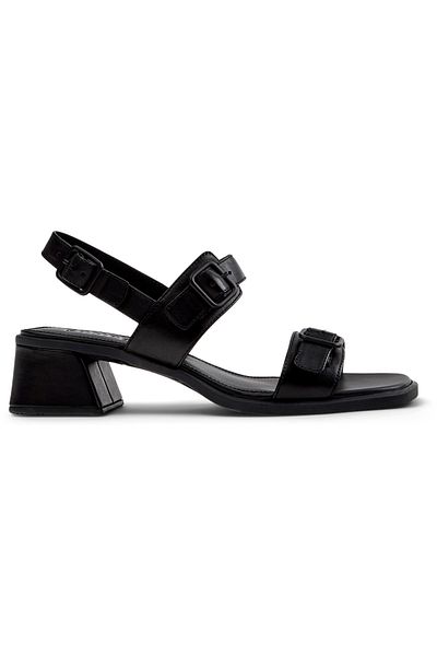 CAMPER Elegant Women's Black Genuine Leather Hook & Loop Classic Heels with Strap Details Kora