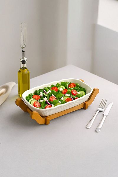 Sezka Life Rectangular Serving Plate with Wooden Base, Salad Bowl Presentation Plate Oven Dish