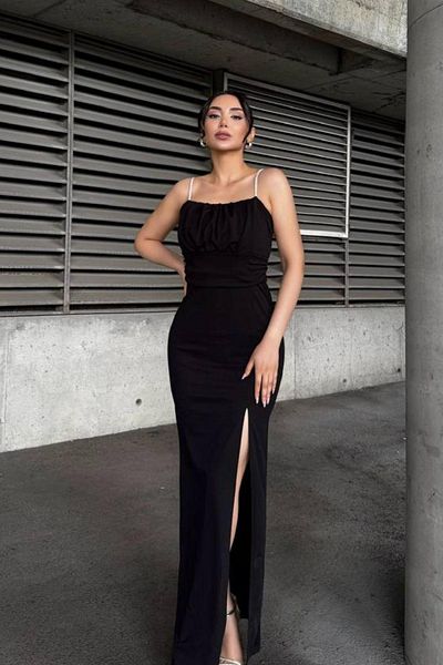 Mossta Draped Slit Detailed Evening Dress - Black