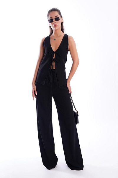 Madmext Black Tie Front Vest Trousers Women's Suit Mg2403