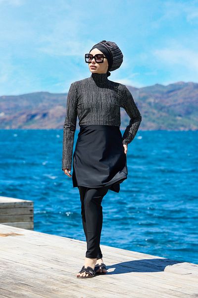 NS TASARIM MAYO Felina Model Lyralı Design Hijab Double Swimsuit Set