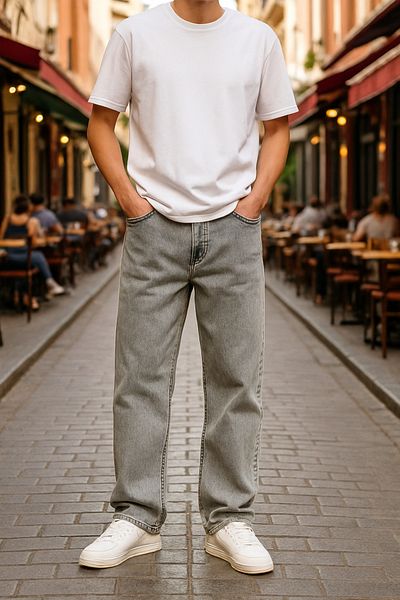 Pobudo Baggy Gray Color Relaxed Fit Men's Jeans Trousers