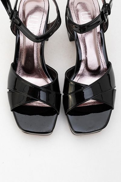 LuviShoes Lisbon Black Patent Leather Cross Strap Women's Platform Heeled Shoes