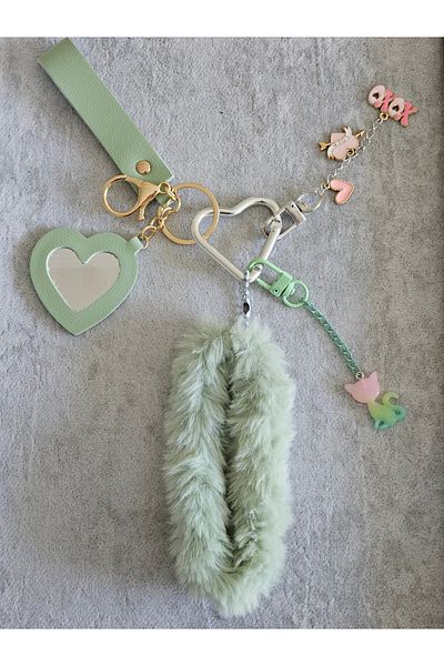 SiestaAccessories Green Heart Mirrored Plush Cat Bag Charm / Accessory / Ornament / Keychain