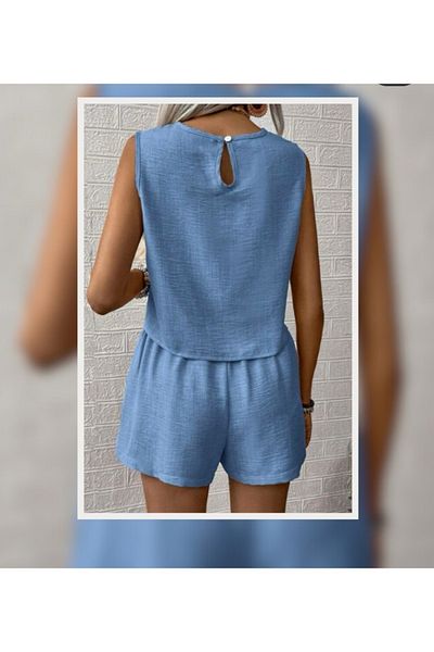 atelyu Women's Blue Shorts Blouse Two Piece Set