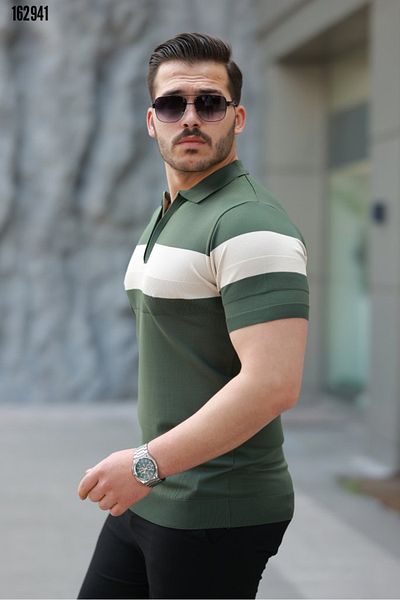 Modayakamoz Ανδρικό κοντομάνικο μπλουζάκι με γιακά με φερμουάρ και ριγέ χρώματος