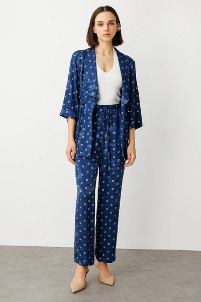 Ekol Elastic Waist Patterned Trousers Navy Blue