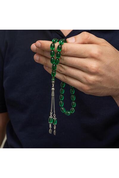 ALYANSEVİM 925 Sterling Silver Tasseled Green Color Drop Cut Fire Amber Prayer Beads