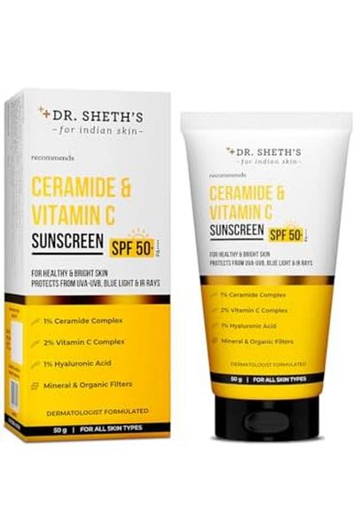 Dr. Sheth's Sunscreen SPF 50 Cream with Ceramide & Vitamin C for Oily, Sensitive, Dry Skin