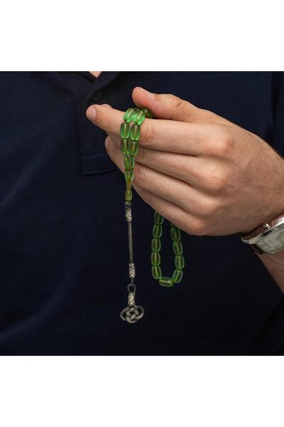 ALYANSEVİM 925 Sterling Silver Kazaz Tasseled Capsule Cut Green Fire Amber Prayer Beads