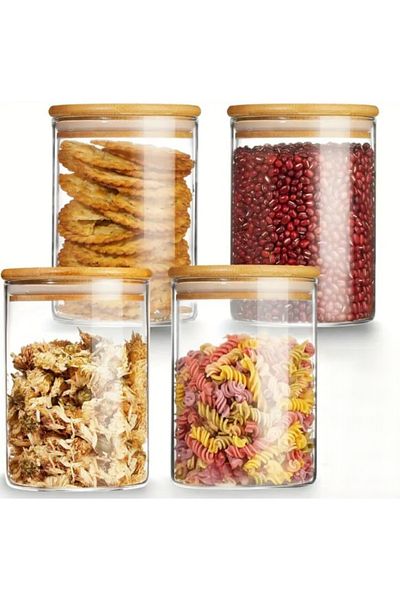 Noah Exclusive 1000 Cc (Set of 4) Borosilicate Glass Spice Jar - with Bamboo Lid - Storage Container - (9cm X 14 cm)