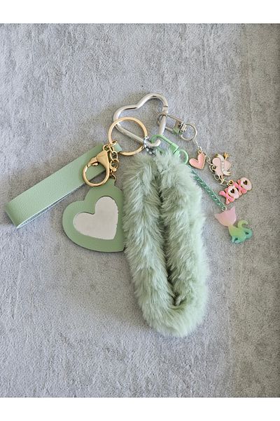 SiestaAccessories Green Heart Mirrored Plush Cat Bag Charm / Accessory / Ornament / Keychain