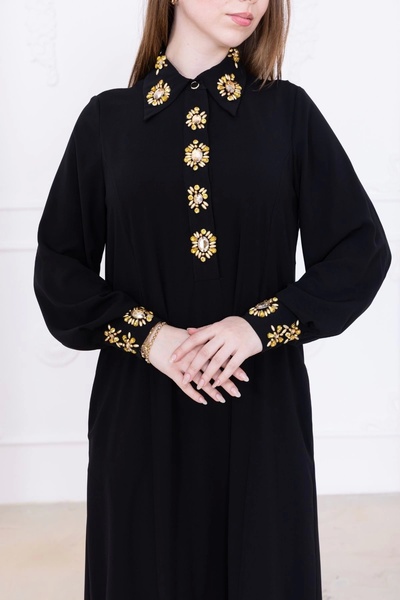 lodmela Yaka ve Manşet İşleme Detaylı Rahat Form Elbise 1014-Siyah