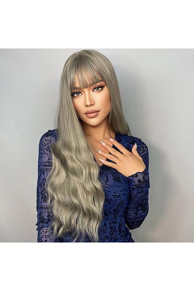 animis beauty GREY wig, long wavy, Animis Beauty ®, synthetic fiber with natural look, with bangs, 70 cm