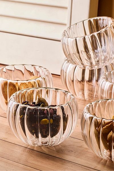 Perotti Bowy Line 6-Piece Double Wall Glass Sauce Bowl, Jam Bowl, Dragee Bowl, Turkish Delight Bowl 8X4,5 cm