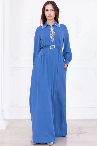 lodmela Lapel Embroidery Detailed Comfortable Form Dress 1013-Indigo