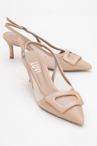 LuviShoes FOLEY Bej închis din piele lacuită cu dungi pentru femei, cu vârf ascuțit, cu toc subțire