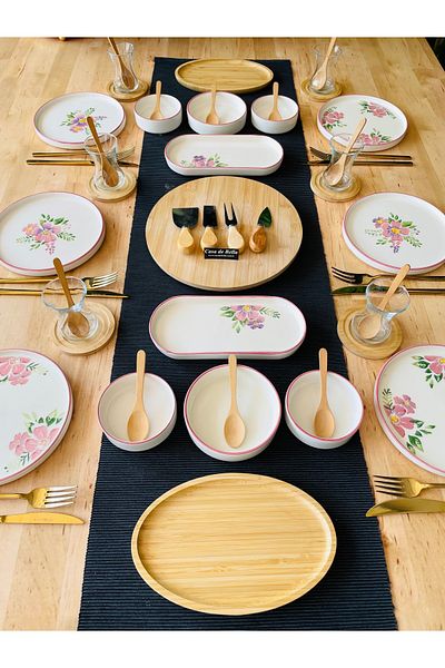 CASA DE BELLA 41 Piece Flower Motif Bamboo Breakfast Set for 6 People