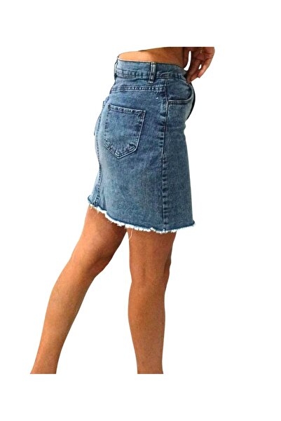 duygu dilsiz Kadın Klasik Kot Rengi Mavi Cepli Mini Etek