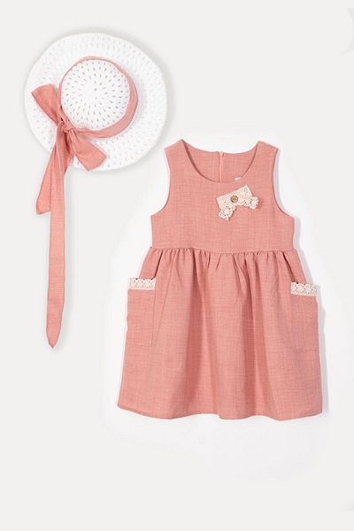 zepkids Crew Neck Lace Detailed Hat Accessory Powder Color Girl's Dress