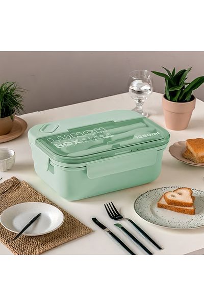 COOYA 1250ml three-compartment lunch box, airtight and leakproof, with cutlery, BPA-free, matcha green