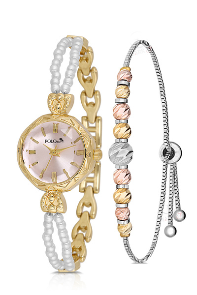 Polo Air İki inci Taşlı Görünümlü Kordon Kadın Kol Saati Dorika Bileklik Komb...