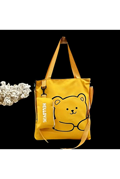 ORGANICYOU HELLOYIYI Sevimli Karikatür Ayı Baskılı KANVAS Çapraz Vücut Çantası - Büyük Kapasiteli