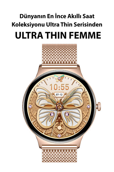 LOGIA Ultra Thin Femme Akıllı Saat Yuvarlak Çelik Kasa Metal Kordon Gold