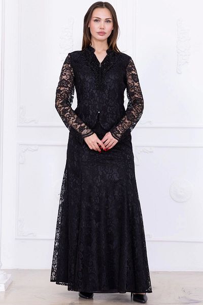 lodmela V-Neck Embroidery Detailed Lace Double Suit 4717-Black