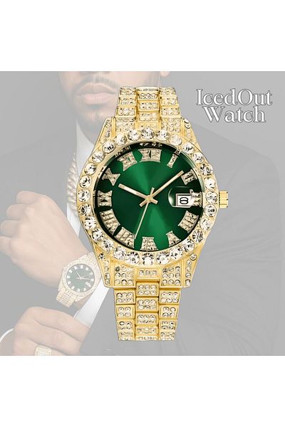 OEM Iced Out watch, zirconia, unisex, accessory for adjustment, Gold-Green