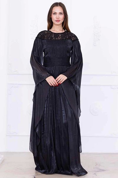 lodmela Lace and Cape Detailed Embroidered Evening Dress 2762-Black