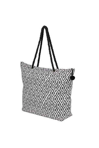 OEM Summer Beach Bag with Aztec Design, White / Black, 51 x 14 x 38 cm
