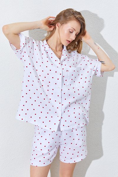 EDITION WOMAN White Collar Shirt and Pocket Detailed Shorts Muslin Heart Pattern Washable Shorts Set I Mks181373