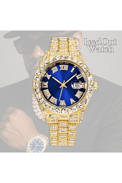OEM Iced Out Watch, Zirconia, Unisex, Accessory For Adjustment, Gold-Blue